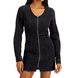 Tinsel Town Black Cotton Blend Denim Front Zipper Long Sleeve Mini Dress Small